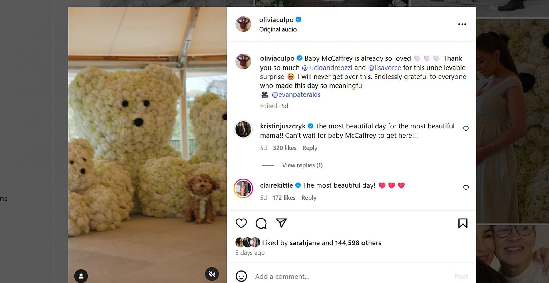 Kyle Juszczyk’s wife Kristin shares a sweet comment for soon-to-be mom Olivia Culpo/@oliviaculpo